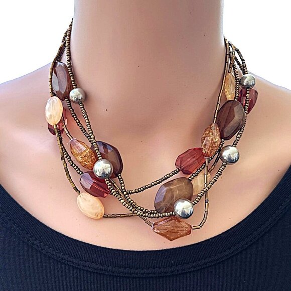 Multi Strand Beaded Necklace Brown Earth Tones - Picture 2 of 3